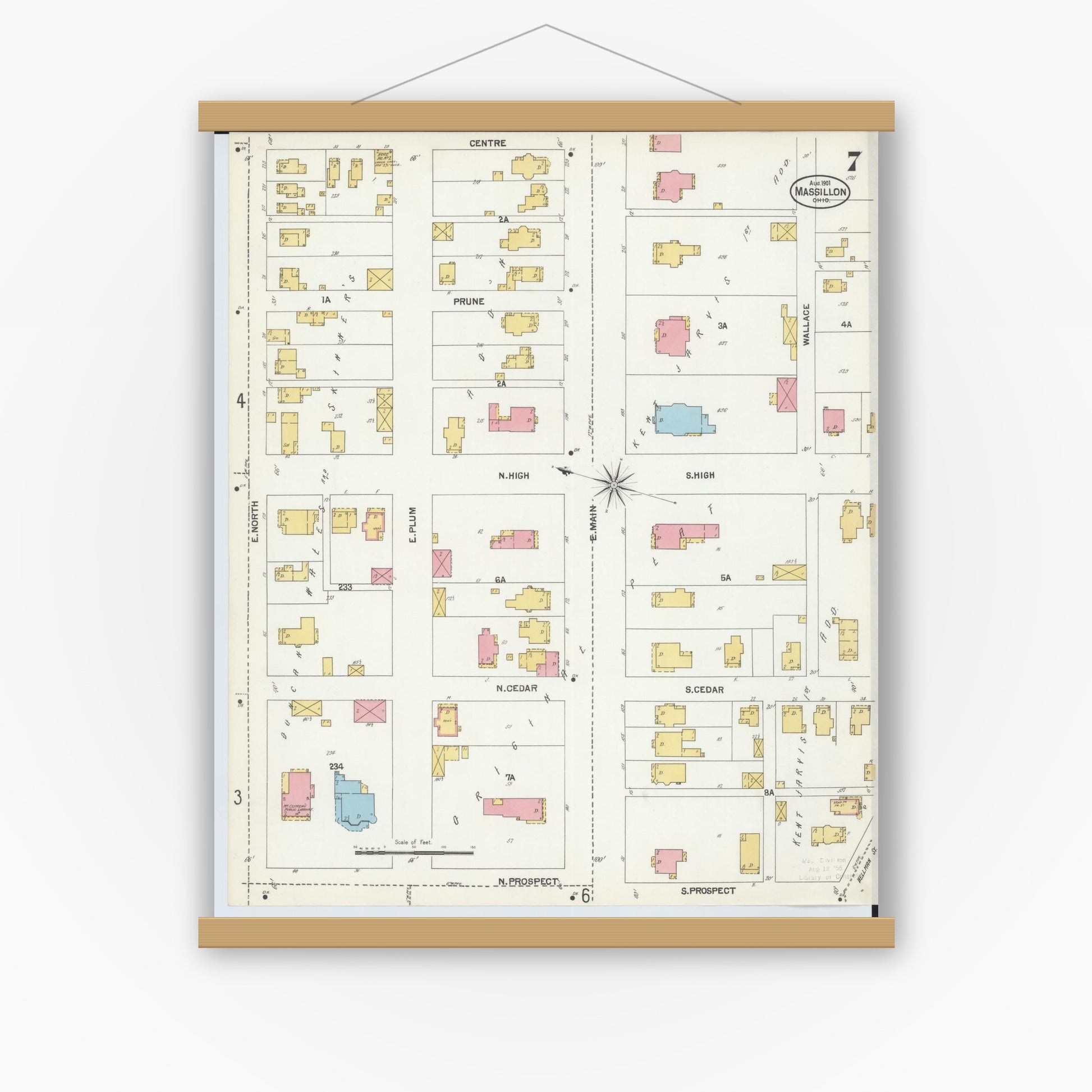 Old map wall art mockup — magnetic wood frame on white wall — Sanborn Fire Insurance Map from Massillon, Stark County, Ohio (1901), Sheet #0007