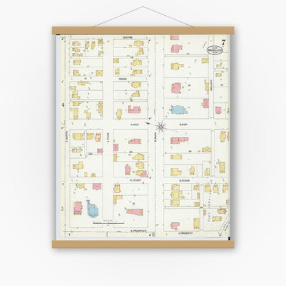 Old map wall art mockup — magnetic wood frame on white wall — Sanborn Fire Insurance Map from Massillon, Stark County, Ohio (1901), Sheet #0007