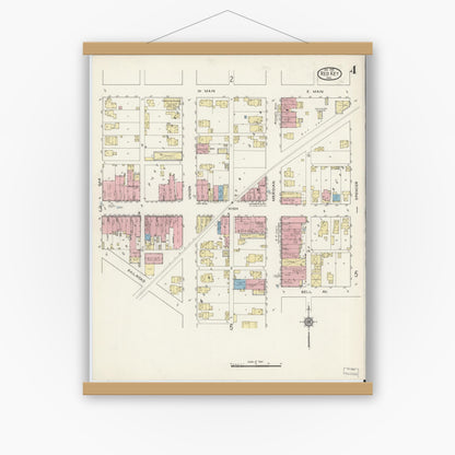 Old map wall art mockup — magnetic wood frame on white wall — Sanborn Fire Insurance Map from Redkey, Jay County, Indiana (1915), Sheet #0004