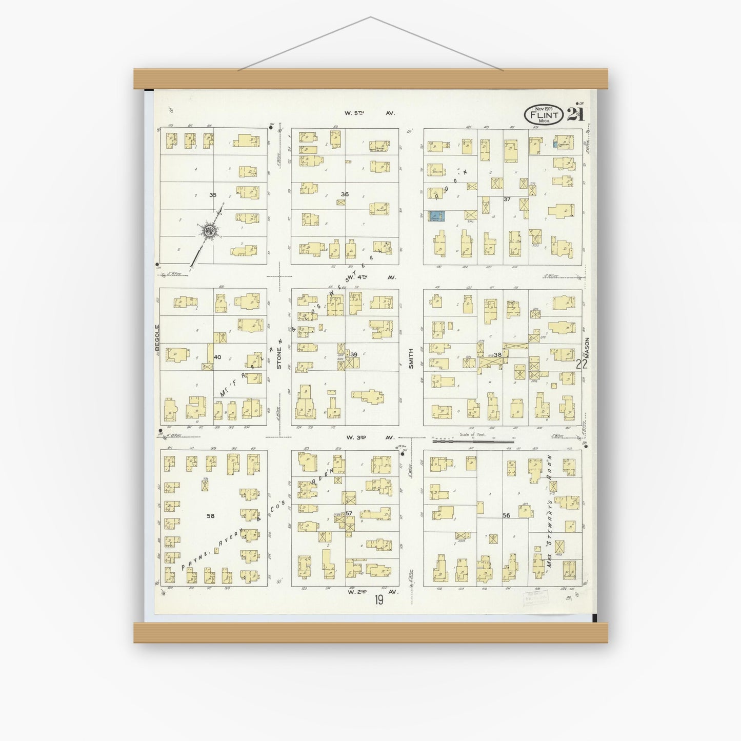 Old map wall art mockup — magnetic wood frame on white wall — Sanborn Fire Insurance Map from Flint, Genesee County, Michigan (1909), Sheet #0021