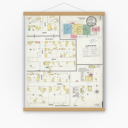 Old map wall art mockup — magnetic wood frame on white wall — Sanborn Fire Insurance Map from New Harmony, Posey County, Indiana (1899), Sheet #0001