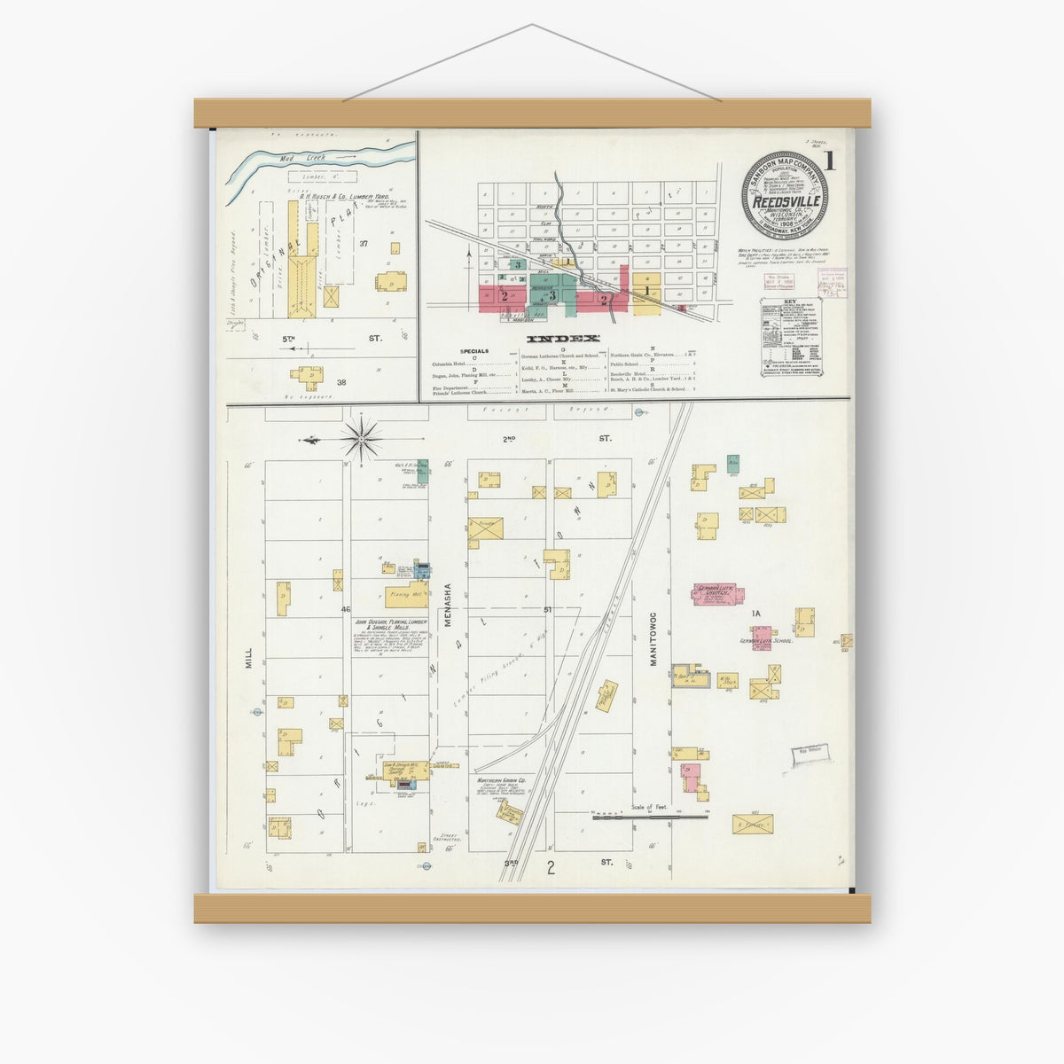 Old map wall art mockup — magnetic wood frame on white wall — Sanborn Fire Insurance Map from Reedsville, Manitowoc County, Wisconsin (1906), Sheet #0001