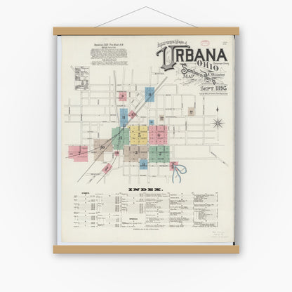 Old map wall art mockup — magnetic wood frame on white wall — Sanborn Fire Insurance Map from Urbana, Champaign County, Ohio (1895) - Complete Map Set