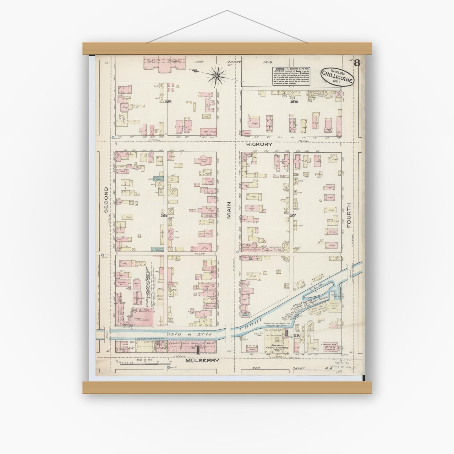 Old map wall art mockup — magnetic wood frame on white wall — Sanborn Fire Insurance Map from Chillicothe, Ross County, Ohio (1884), Sheet #0008