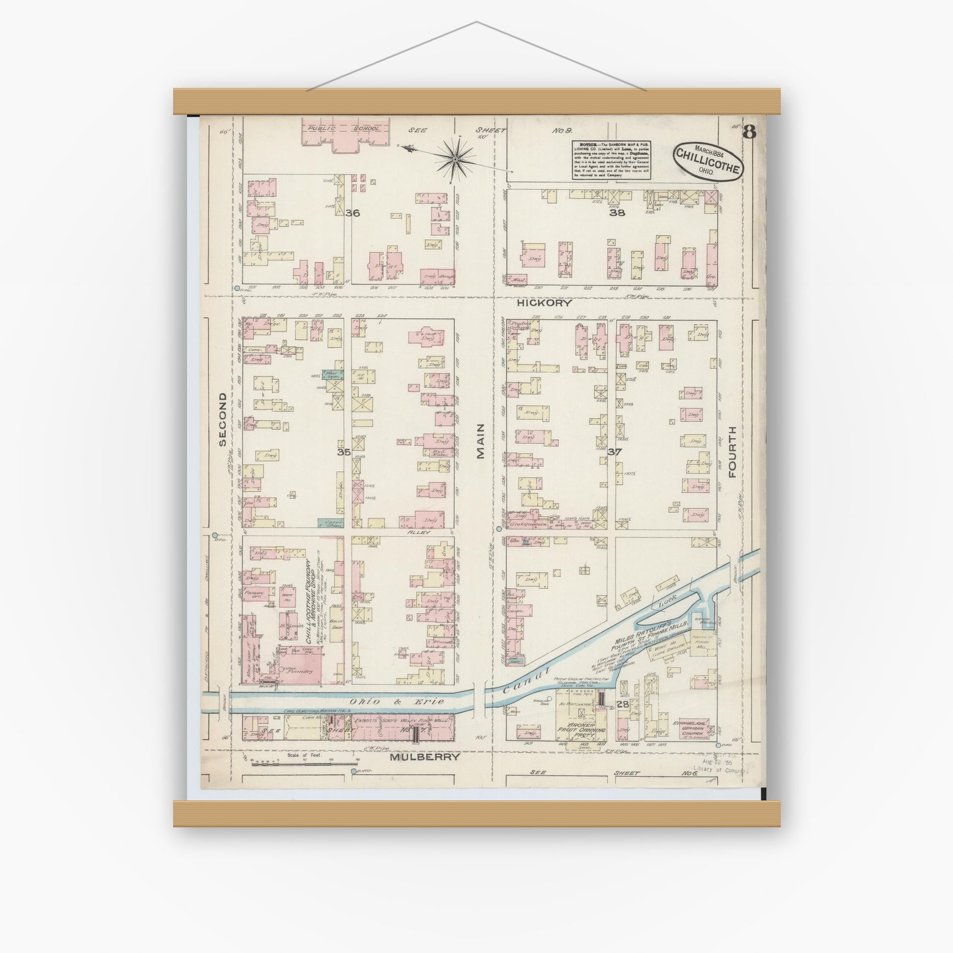 Old map wall art mockup — magnetic wood frame on white wall — Sanborn Fire Insurance Map from Chillicothe, Ross County, Ohio (1884), Sheet #0008