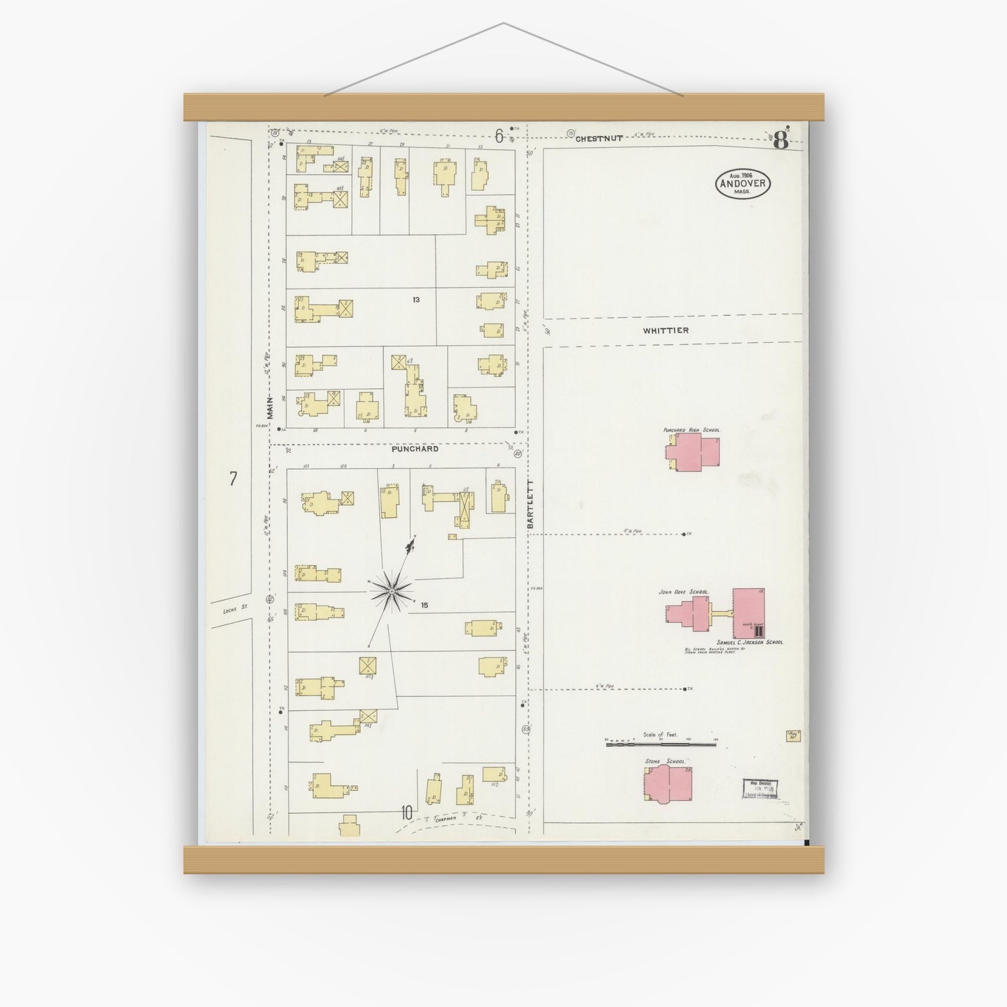 Old map wall art mockup — magnetic wood frame on white wall — Sanborn Fire Insurance Map from Andover, Essex County, Massachusetts (1906), Sheet #0008