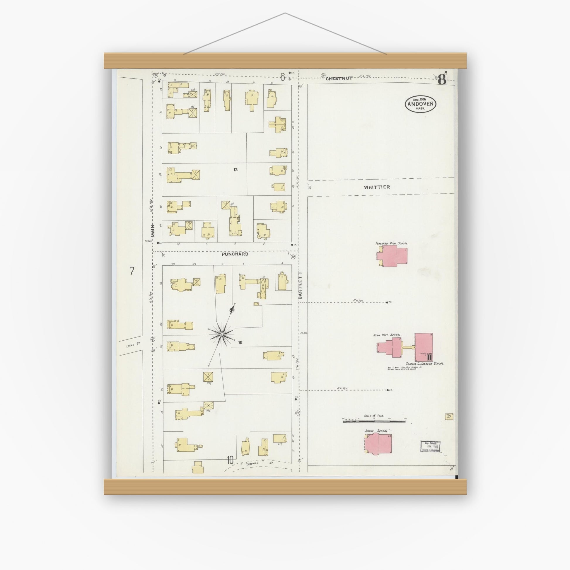 Old map wall art mockup — magnetic wood frame on white wall — Sanborn Fire Insurance Map from Andover, Essex County, Massachusetts (1906), Sheet #0008