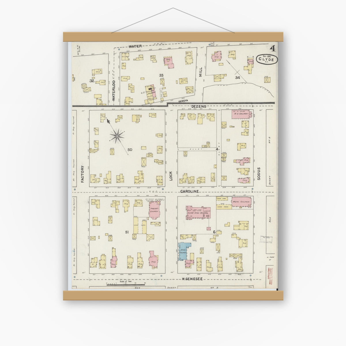 Old map wall art mockup — magnetic wood frame on white wall — Sanborn Fire Insurance Map from Clyde, Wayne County, New York (1890), Sheet #0004