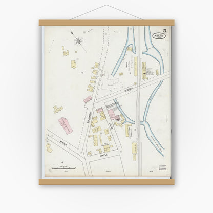 Old map wall art mockup — magnetic wood frame on white wall — Sanborn Fire Insurance Map from Adams, Berkshire County, Massachusetts (1889), Sheet #0005