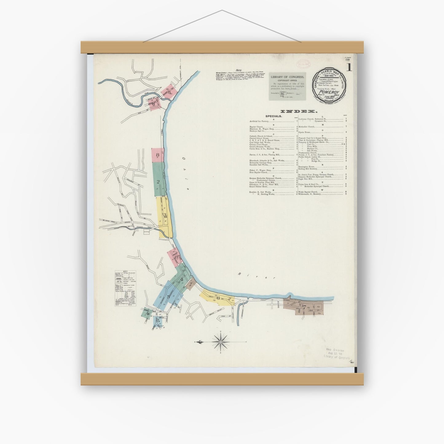 Old map wall art mockup — magnetic wood frame on white wall — Sanborn Fire Insurance Map from Pomeroy, Meigs County, Ohio (1893) - Complete Map Set