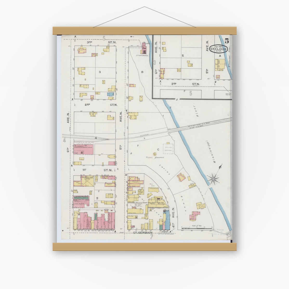 Old map wall art mockup — magnetic wood frame on white wall — Sanborn Fire Insurance Map from Saint Cloud, Stearns, Benton, and Sherburne Counties, Minnesota (1893), Sheet #0005