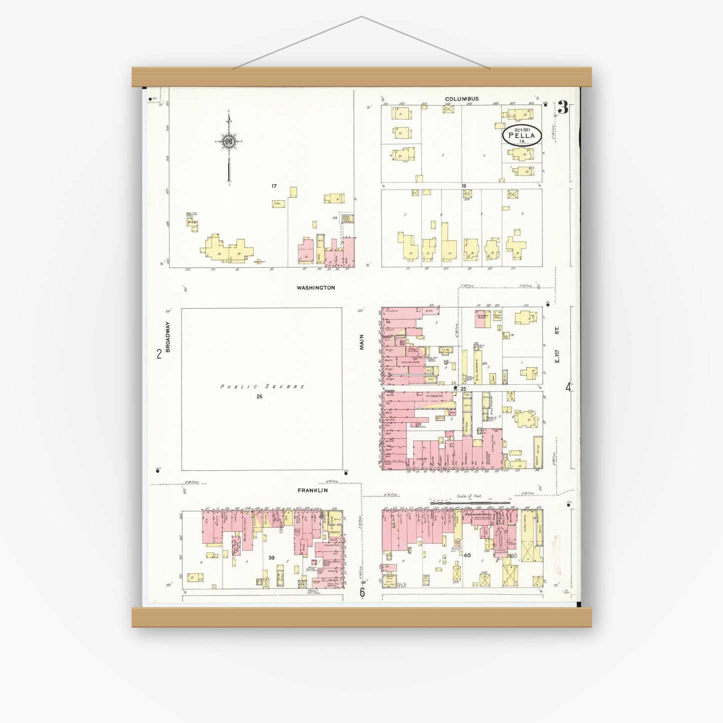 Old map wall art mockup — magnetic wood frame on white wall — Sanborn Fire Insurance Map from Pella, Marion County, Iowa (1911), Sheet #0003