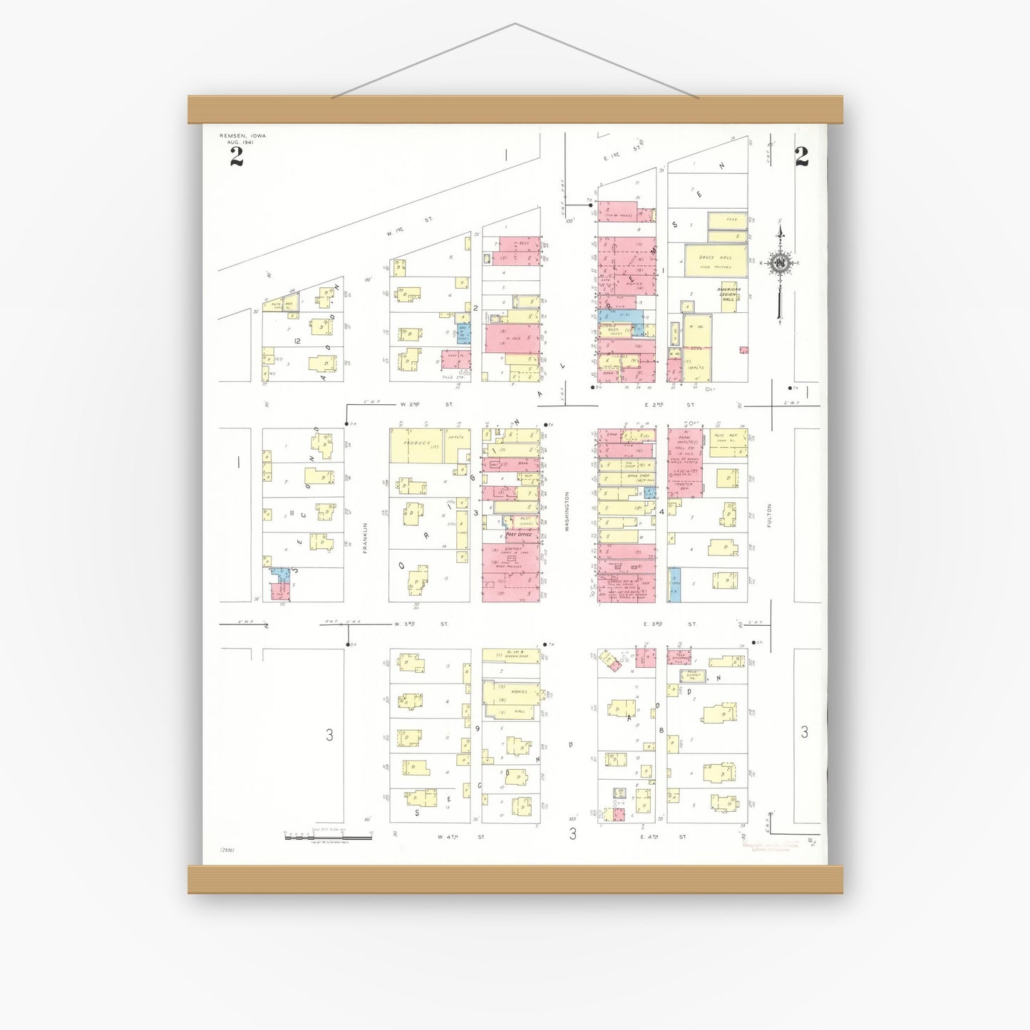 Old map wall art mockup — magnetic wood frame on white wall — Sanborn Fire Insurance Map from Remsen, Plymouth County, Iowa (1941), Sheet #0002