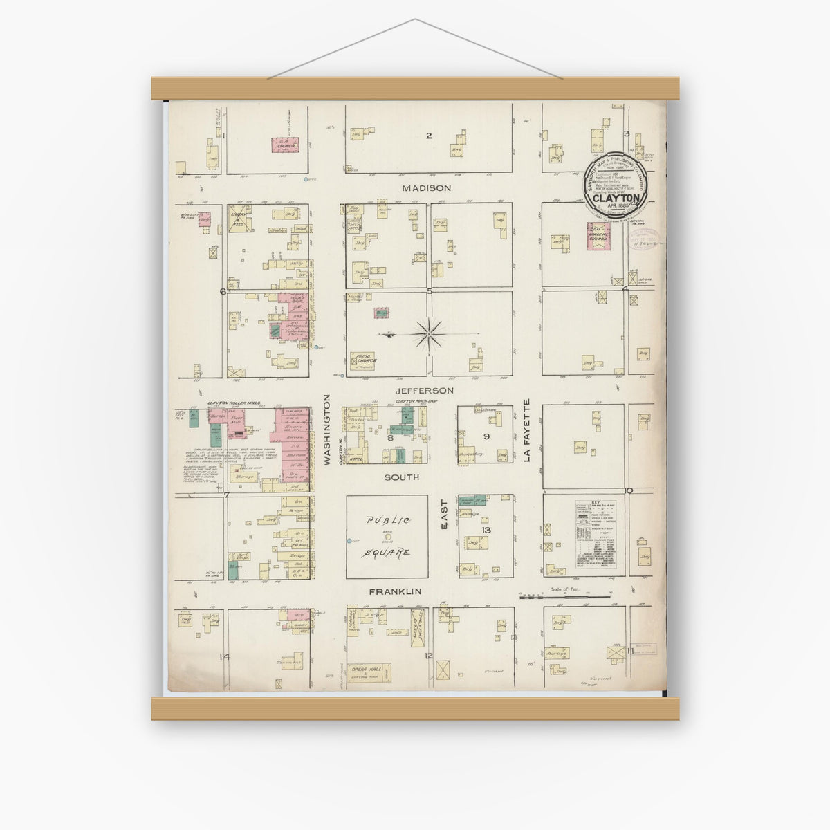 Old map wall art mockup — magnetic wood frame on white wall — Sanborn Fire Insurance Map from Clayton, Adams County, Illinois (1885), Sheet #0001