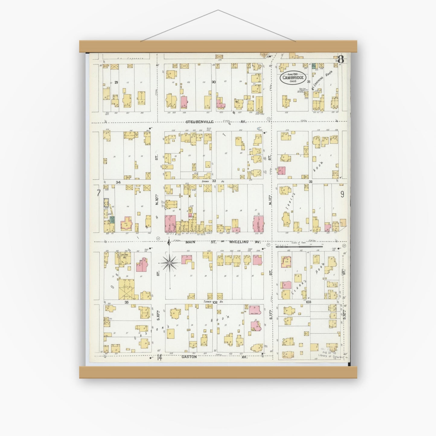 Old map wall art mockup — magnetic wood frame on white wall — Sanborn Fire Insurance Map from Cambridge, Guernsey County, Ohio (1901), Sheet #0008