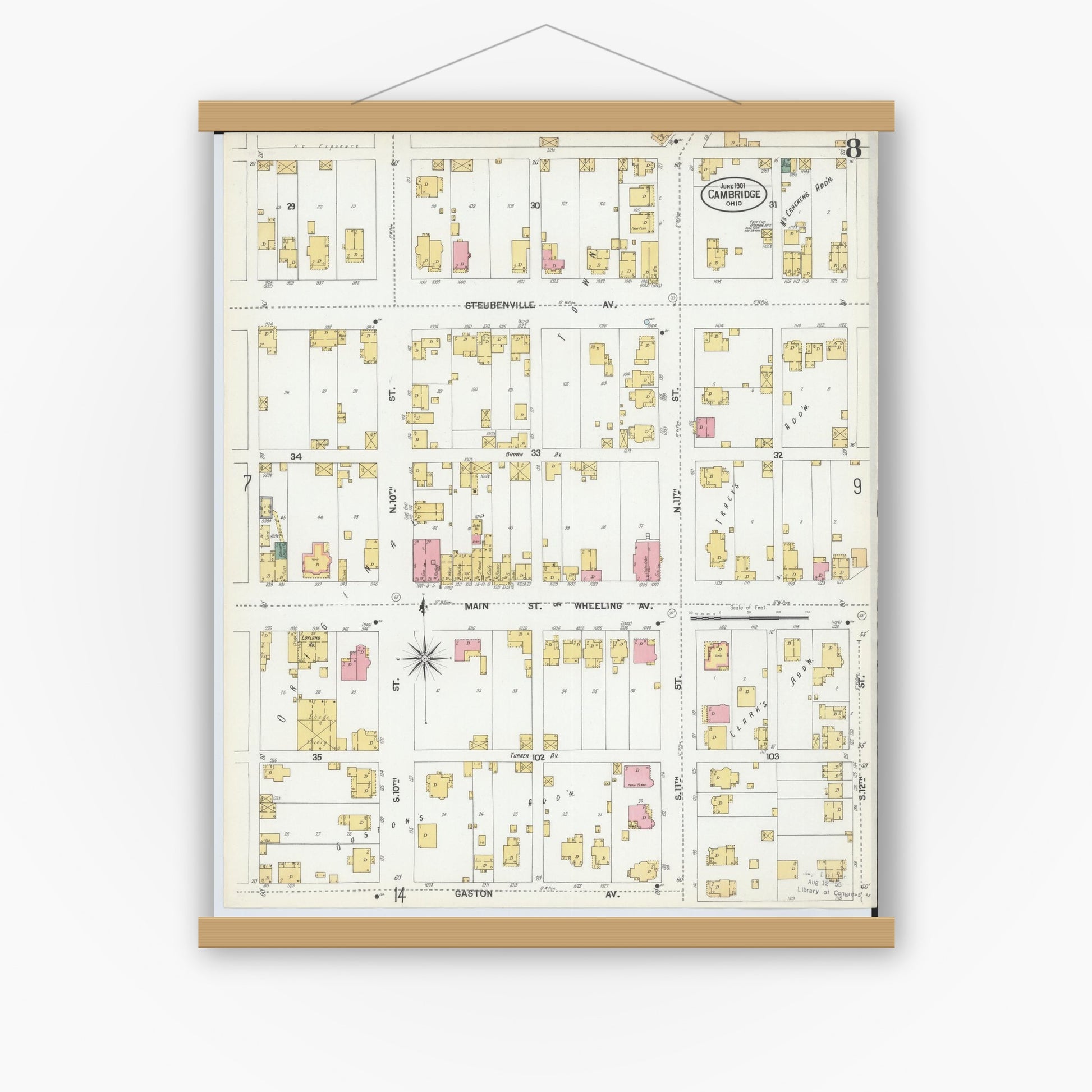 Old map wall art mockup — magnetic wood frame on white wall — Sanborn Fire Insurance Map from Cambridge, Guernsey County, Ohio (1901), Sheet #0008