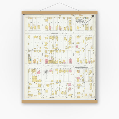 Old map wall art mockup — magnetic wood frame on white wall — Sanborn Fire Insurance Map from Cambridge, Guernsey County, Ohio (1901), Sheet #0008