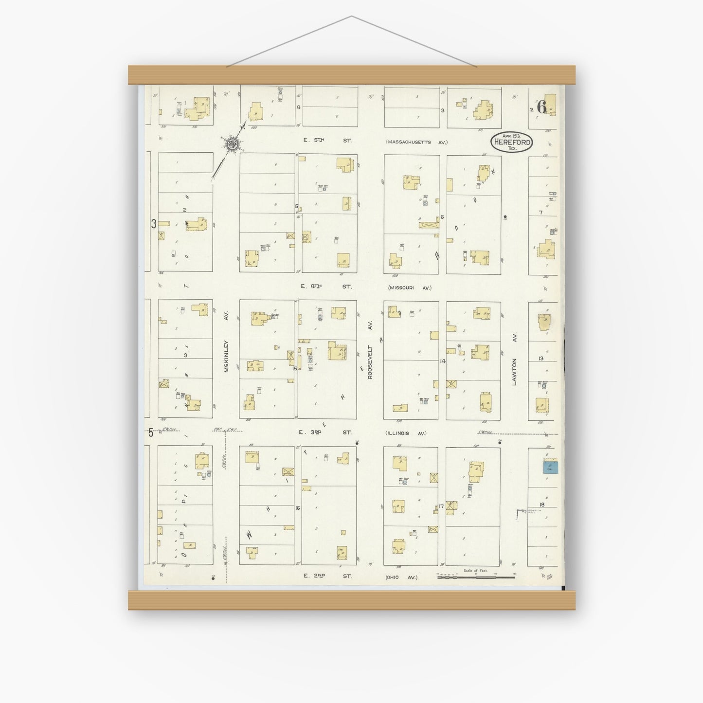 Old map wall art mockup — magnetic wood frame on white wall — Sanborn Fire Insurance Map from Hereford, Deaf Smith County, Texas (1913), Sheet #0006