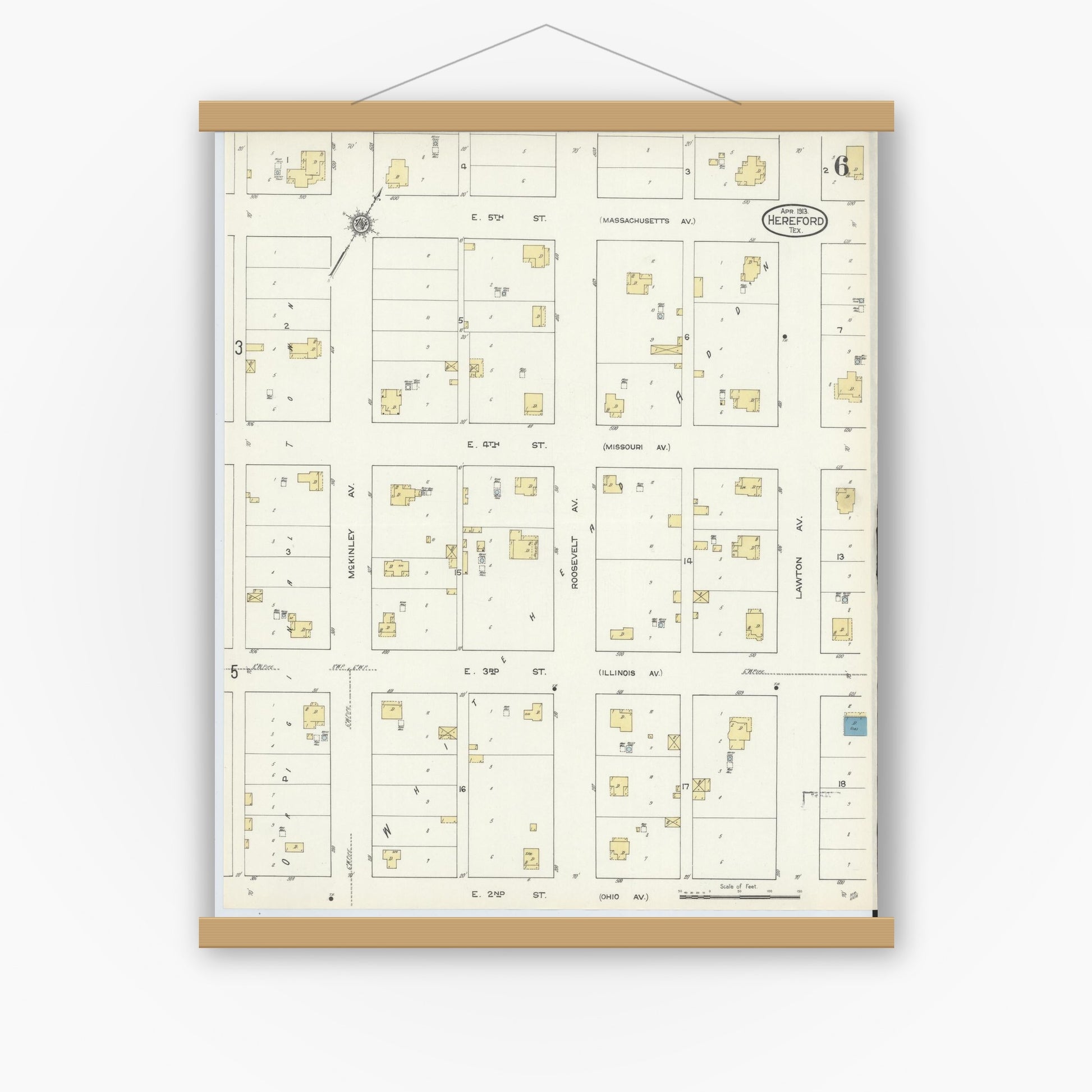 Old map wall art mockup — magnetic wood frame on white wall — Sanborn Fire Insurance Map from Hereford, Deaf Smith County, Texas (1913), Sheet #0006