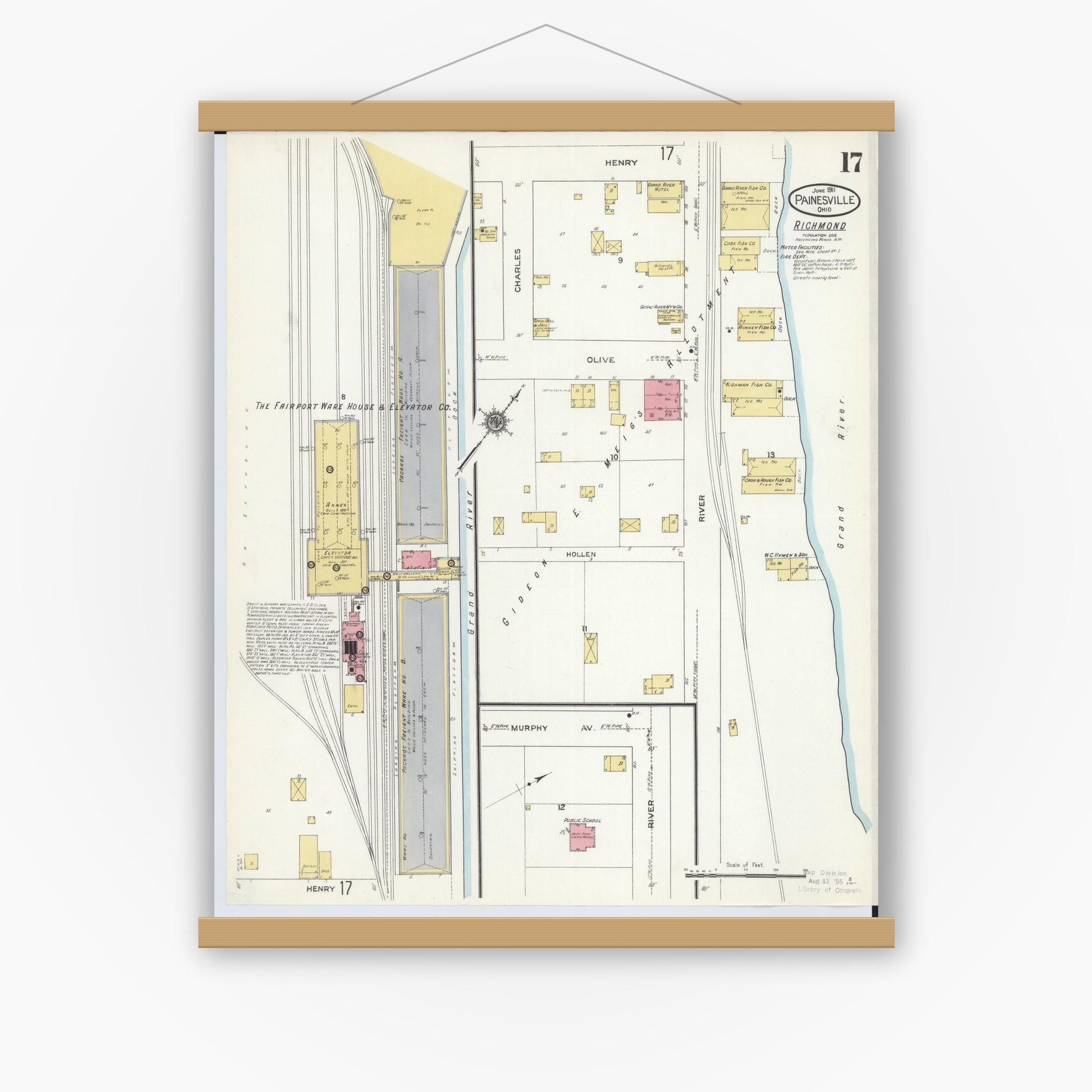 Old map wall art mockup — magnetic wood frame on white wall — Sanborn Fire Insurance Map from Painesville, Lake County, Ohio (1911), Sheet #0017