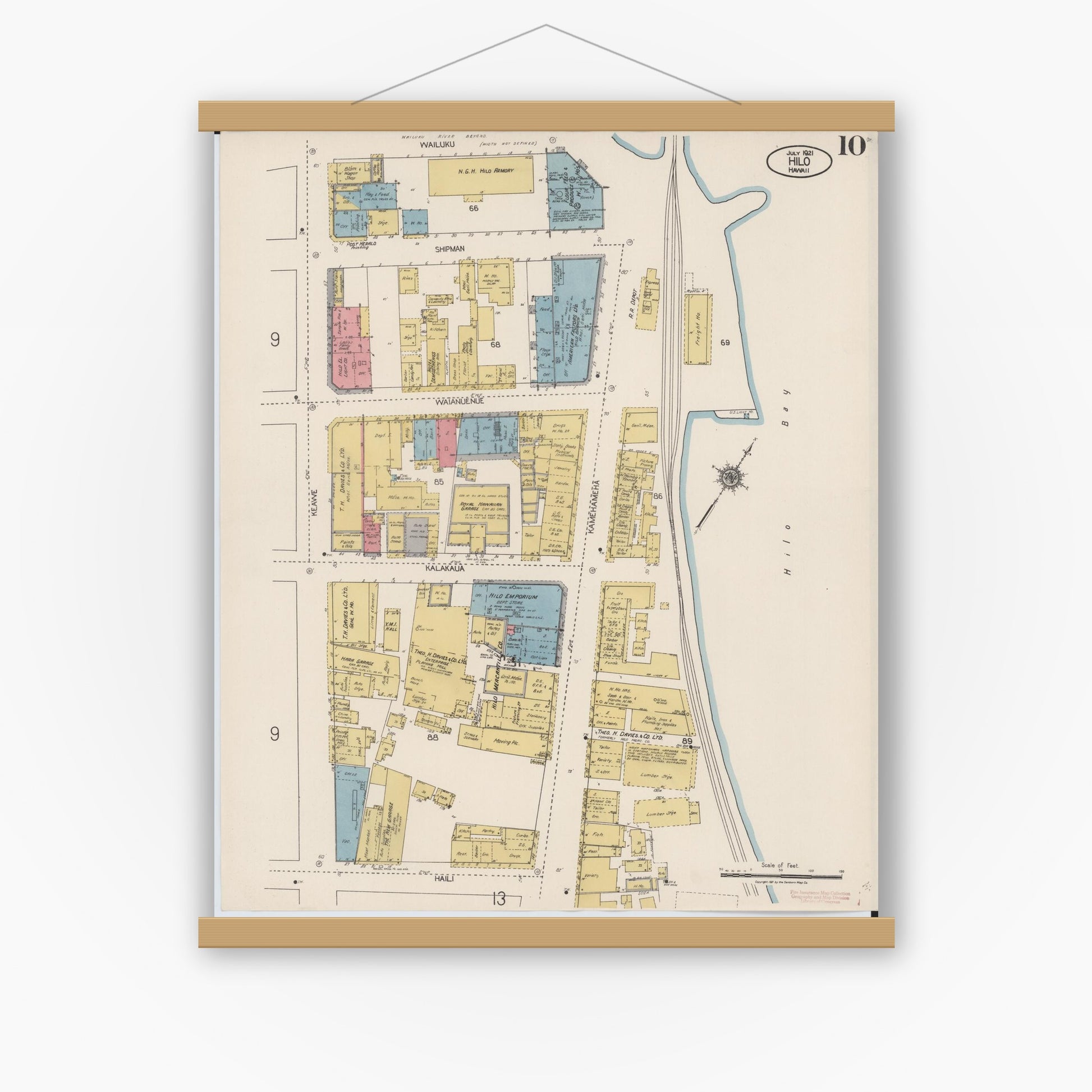 Old map wall art mockup — magnetic wood frame on white wall — Sanborn Fire Insurance Map from Hilo, Hawaii County, Hawaii (1921), Sheet #0010