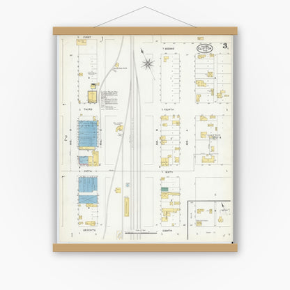 Old map wall art mockup — magnetic wood frame on white wall — Sanborn Fire Insurance Map from Clifton, Bosque County, Texas (1905), Sheet #0003