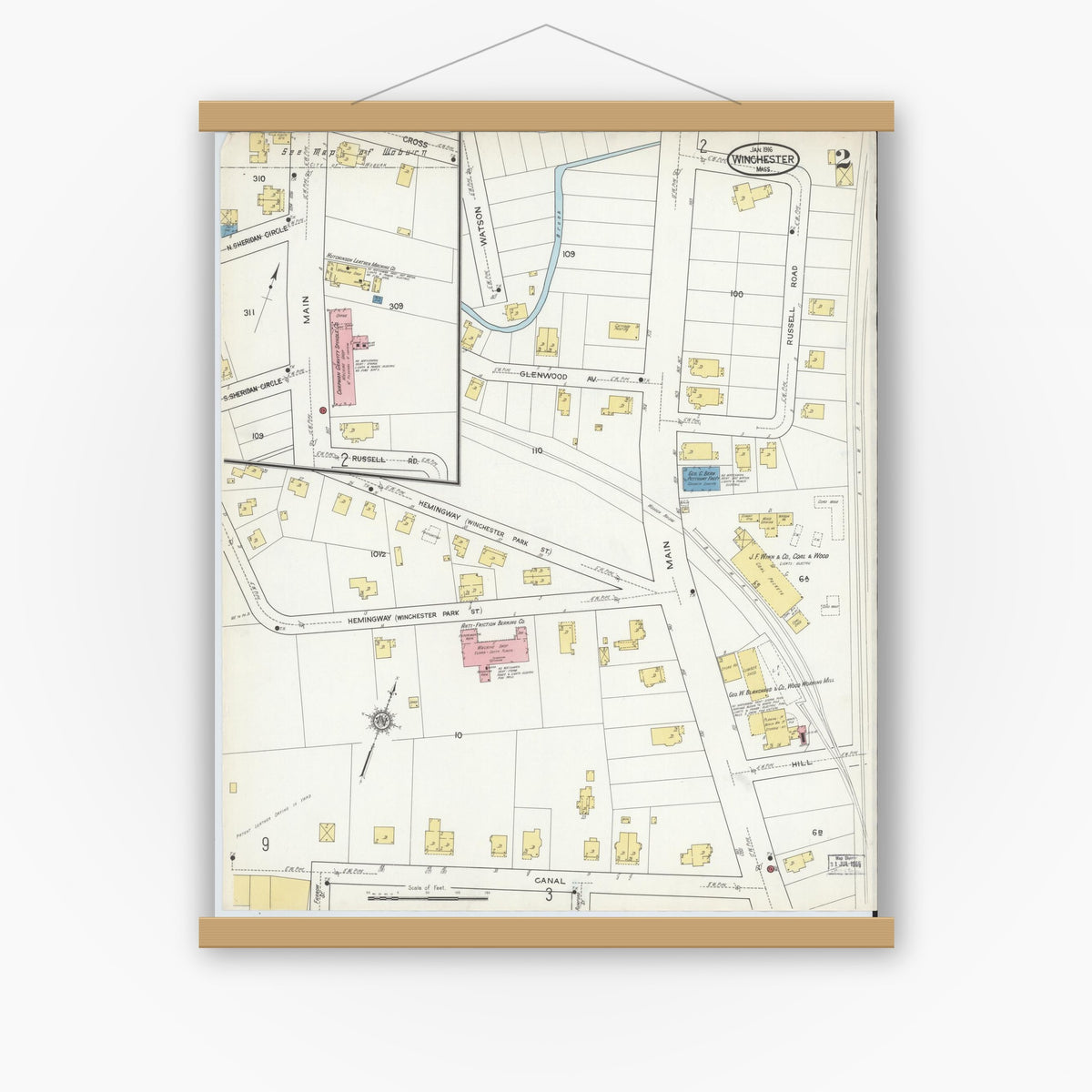 Old map wall art mockup — magnetic wood frame on white wall — Sanborn Fire Insurance Map from Winchester, Middlesex County, Massachusetts (1916), Sheet #0002