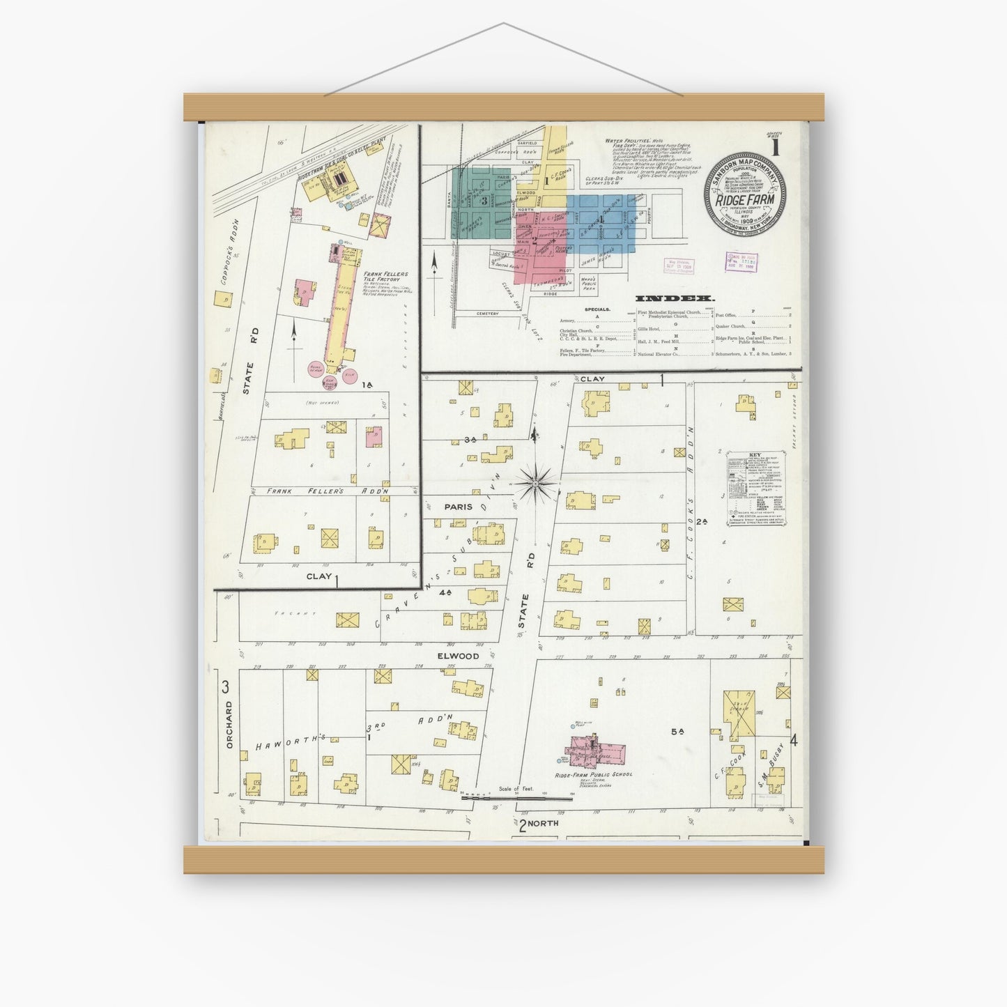 Old map wall art mockup — magnetic wood frame on white wall — Sanborn Fire Insurance Map from Ridge Farm, Vermilion County, Illinois (1909) - Complete Map Set