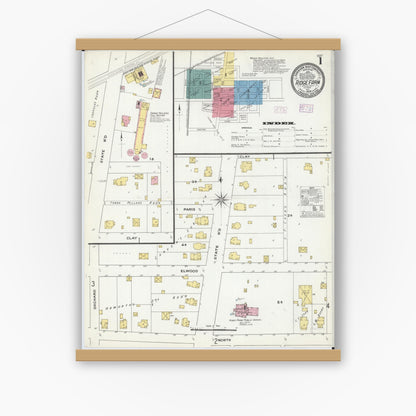 Old map wall art mockup — magnetic wood frame on white wall — Sanborn Fire Insurance Map from Ridge Farm, Vermilion County, Illinois (1909) - Complete Map Set