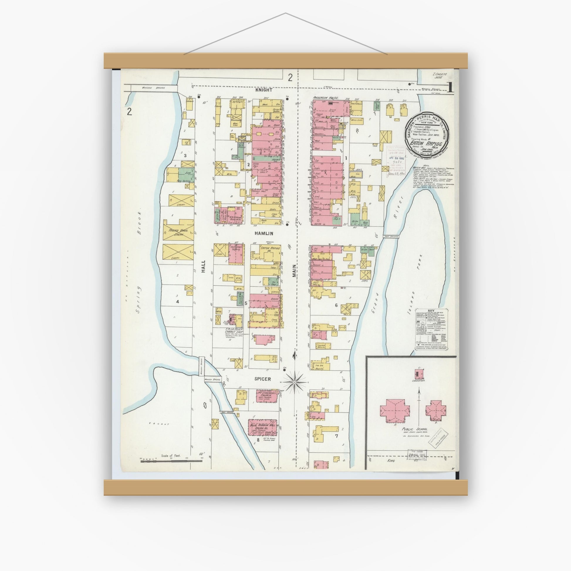Old map wall art mockup — magnetic wood frame on white wall — Sanborn Fire Insurance Map from Eaton Rapids, Eaton County, Michigan (1900), Sheet #0001