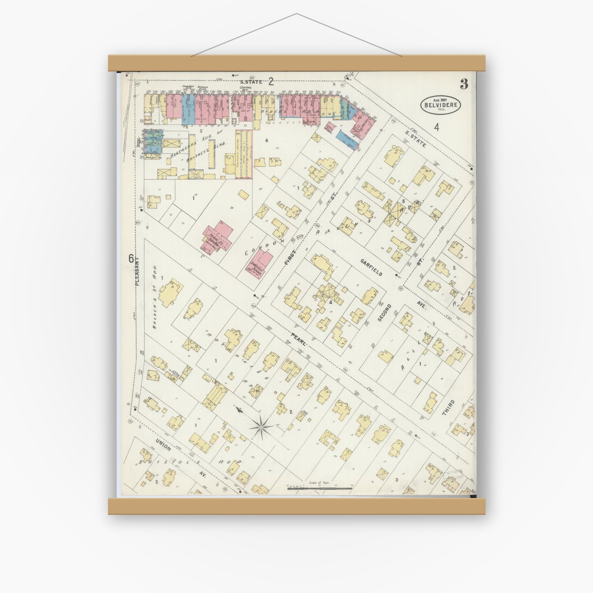 Old map wall art mockup — magnetic wood frame on white wall — Sanborn Fire Insurance Map from Belvidere, Boone County, Illinois (1897), Sheet #0003