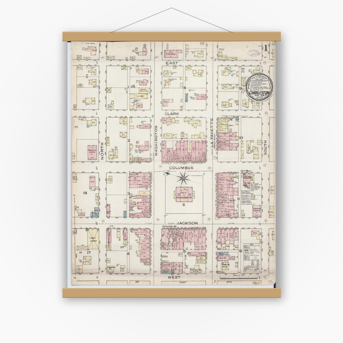 Old map wall art mockup — magnetic wood frame on white wall — Sanborn Fire Insurance Map from Charleston, Coles County, Illinois (1886) - Complete Map Set