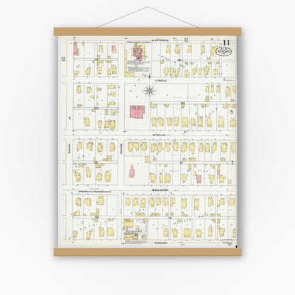 Old map wall art mockup — magnetic wood frame on white wall — Sanborn Fire Insurance Map from Kokomo, Howard County, Indiana (1902), Sheet #0011