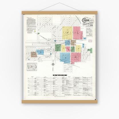 Old map wall art mockup — magnetic wood frame on white wall — Sanborn Fire Insurance Map from Boone, Boone County, Iowa (1916) â€” Complete Set