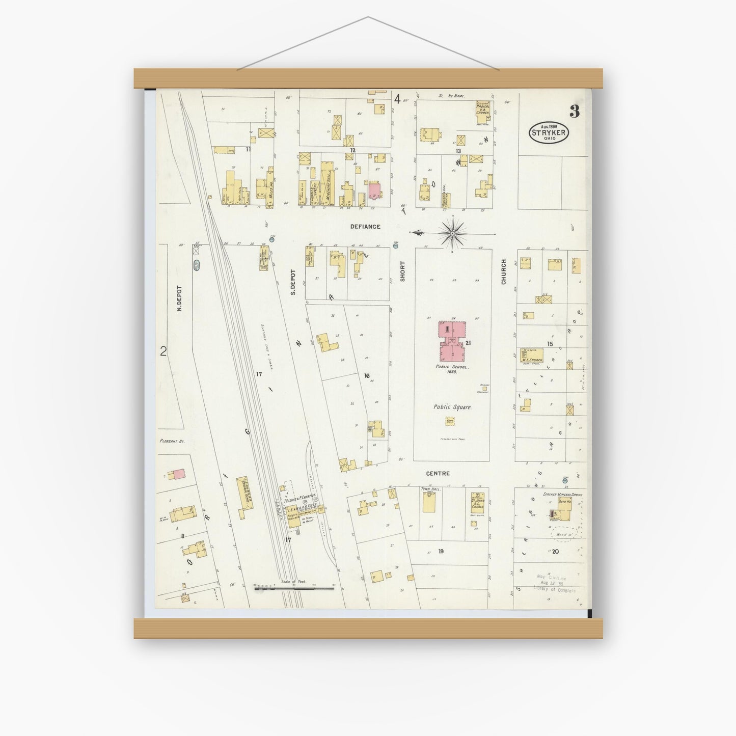 Old map wall art mockup — magnetic wood frame on white wall — Sanborn Fire Insurance Map from Stryker, Williams County, Ohio (1899), Sheet #0003