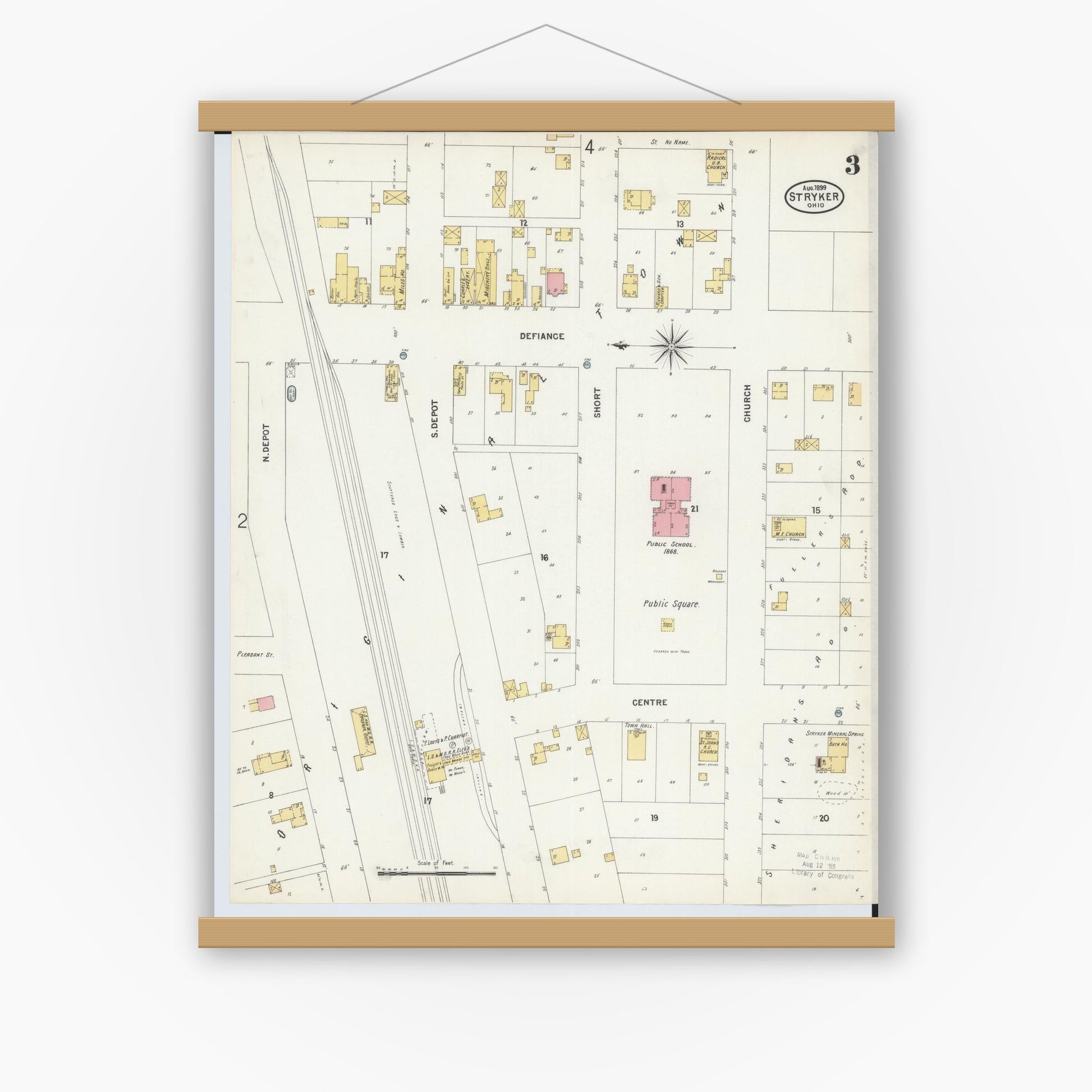 Old map wall art mockup — magnetic wood frame on white wall — Sanborn Fire Insurance Map from Stryker, Williams County, Ohio (1899), Sheet #0003