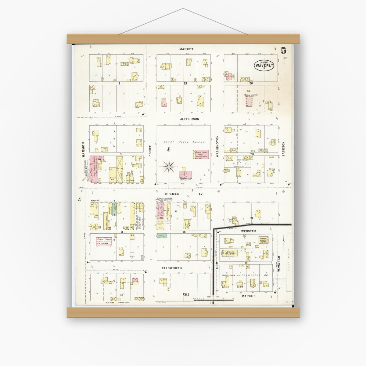 Old map wall art mockup — magnetic wood frame on white wall — Sanborn Fire Insurance Map from Waverly, Bremer County, Iowa (1897), Sheet #0005