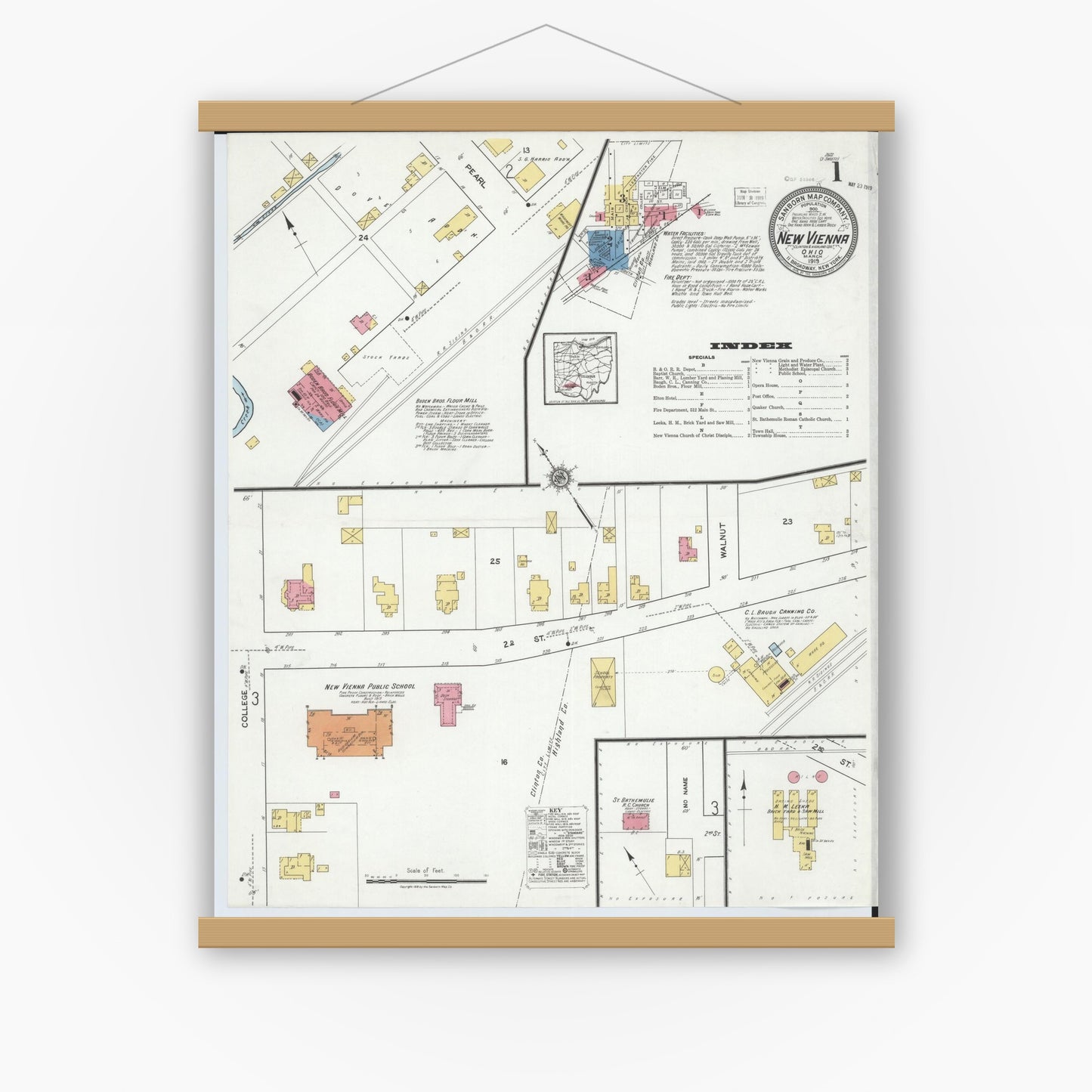 Old map wall art mockup — magnetic wood frame on white wall — Sanborn Fire Insurance Map from New Vienna, Clinton County, Ohio (1919) - Complete Map Set