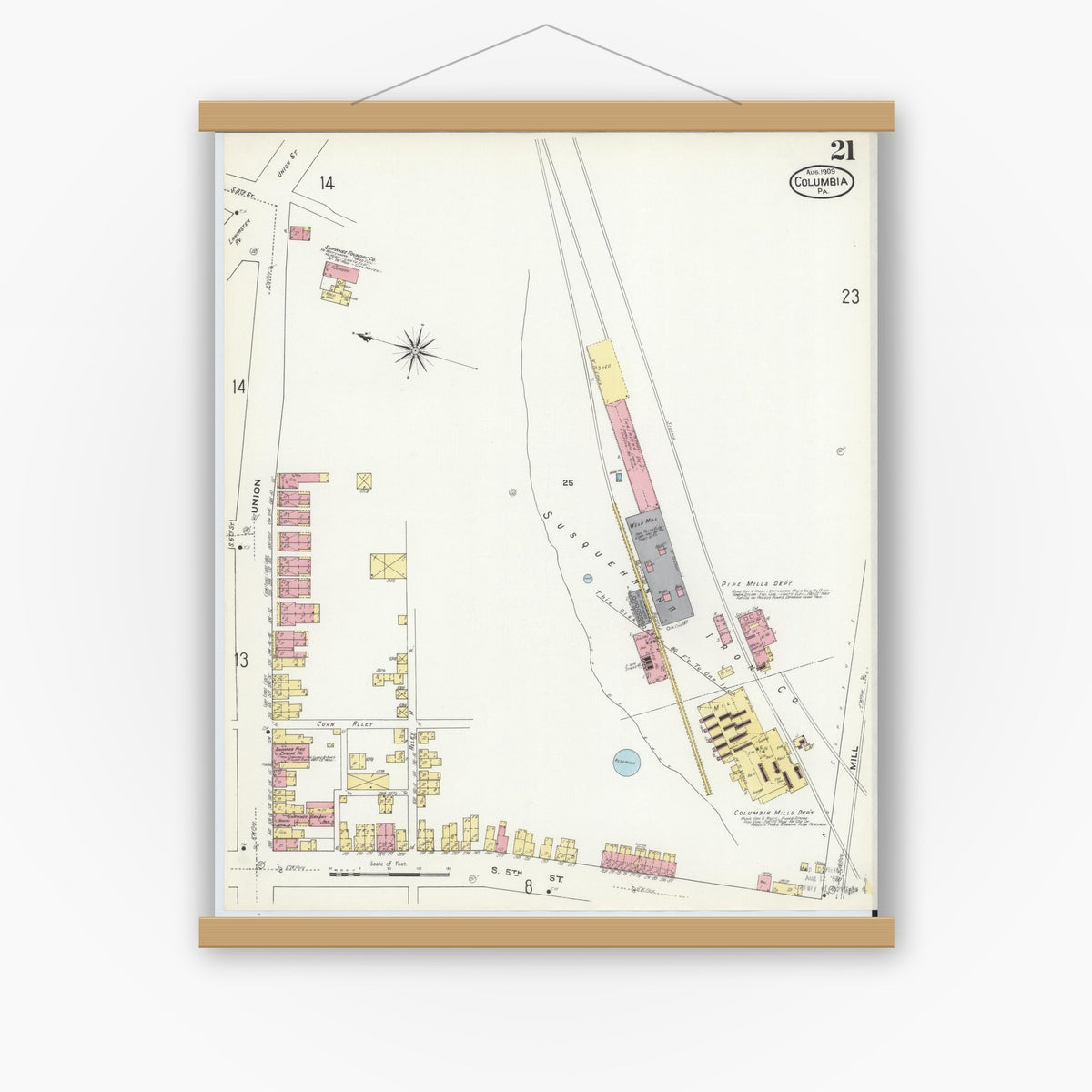 Old map wall art mockup — magnetic wood frame on white wall — Sanborn Fire Insurance Map from Columbia, Lancaster County, Pennsylvania (1909), Sheet #0021