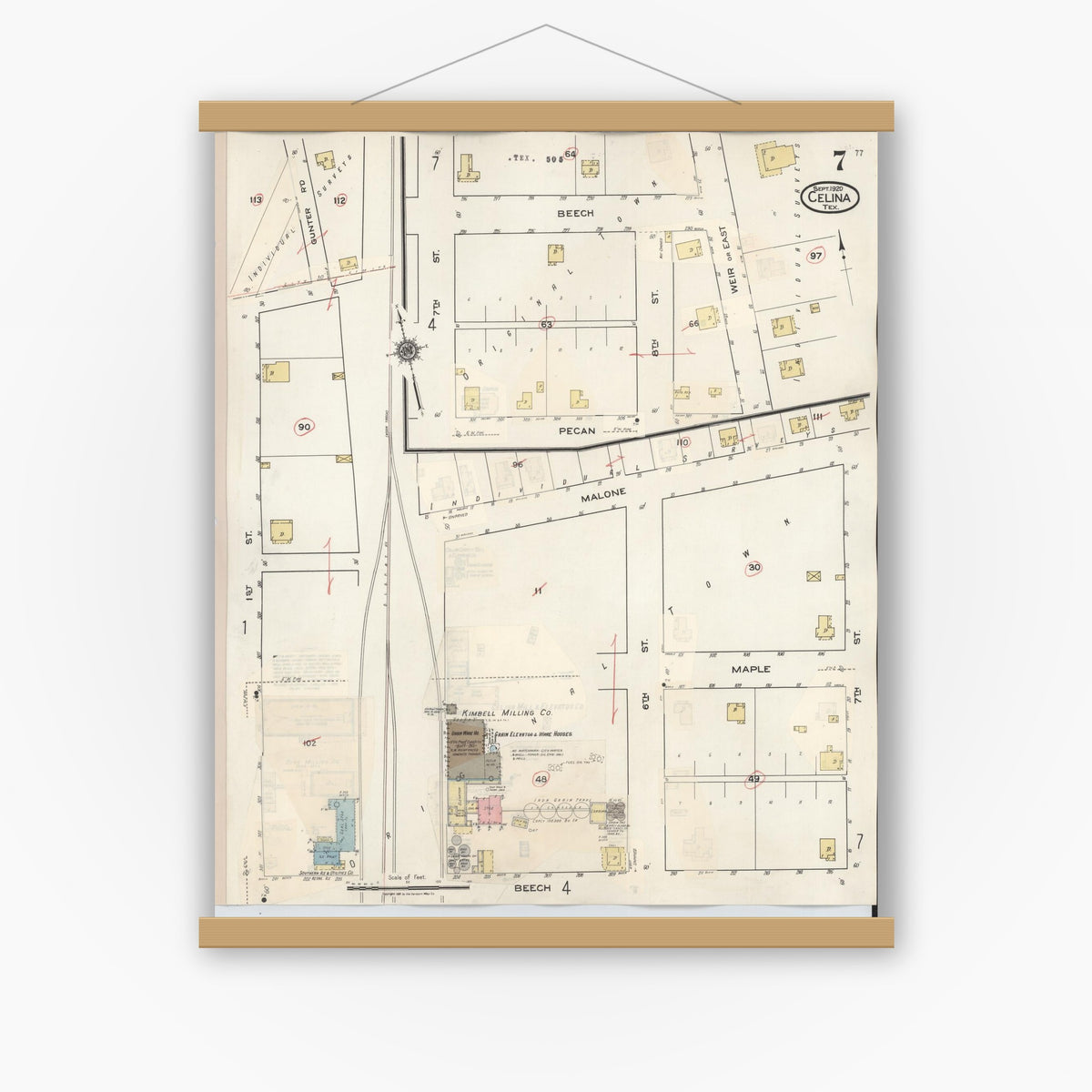 Old map wall art mockup — magnetic wood frame on white wall — Sanborn Fire Insurance Map from Celina, Collin County, Texas (1944), Sheet #0007