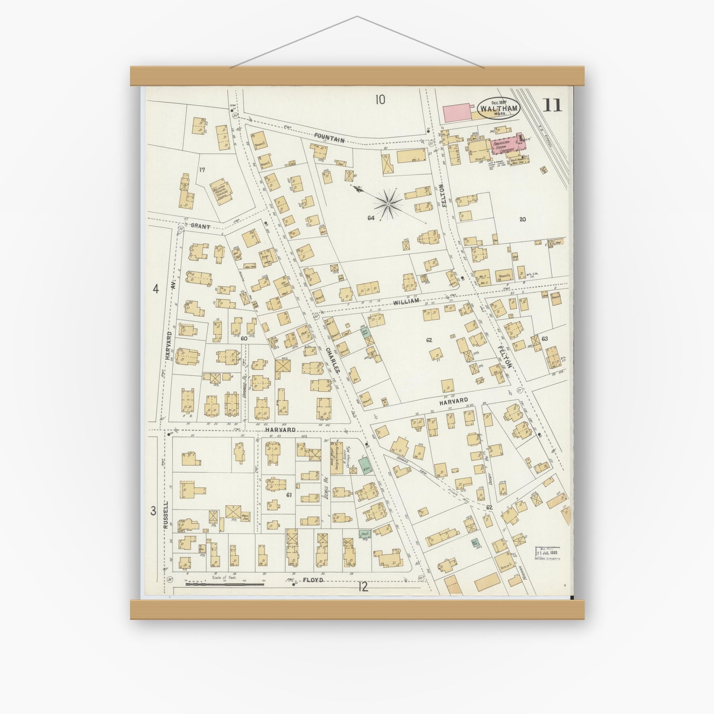 Old map wall art mockup — magnetic wood frame on white wall — Sanborn Fire Insurance Map from Waltham, Middlesex County, Massachusetts (1897), Sheet #0011