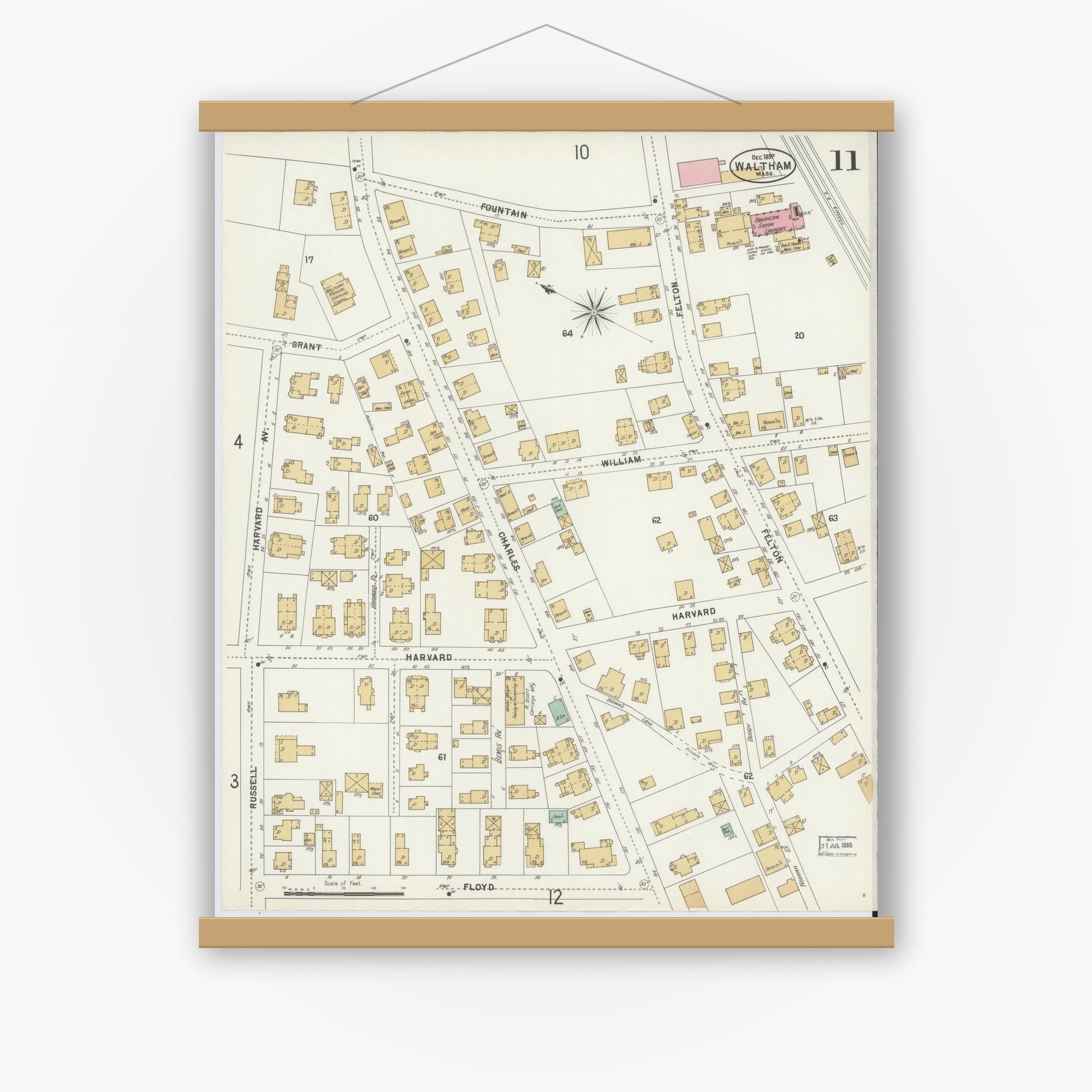 Old map wall art mockup — magnetic wood frame on white wall — Sanborn Fire Insurance Map from Waltham, Middlesex County, Massachusetts (1897), Sheet #0011