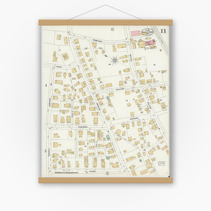 Old map wall art mockup — magnetic wood frame on white wall — Sanborn Fire Insurance Map from Waltham, Middlesex County, Massachusetts (1897), Sheet #0011