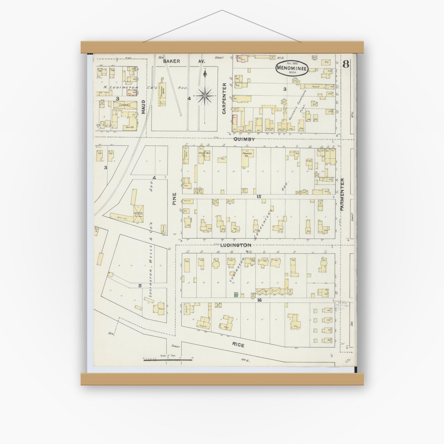 Old map wall art mockup — magnetic wood frame on white wall — Sanborn Fire Insurance Map from Menominee, Menominee County, Michigan (1890), Sheet #0008