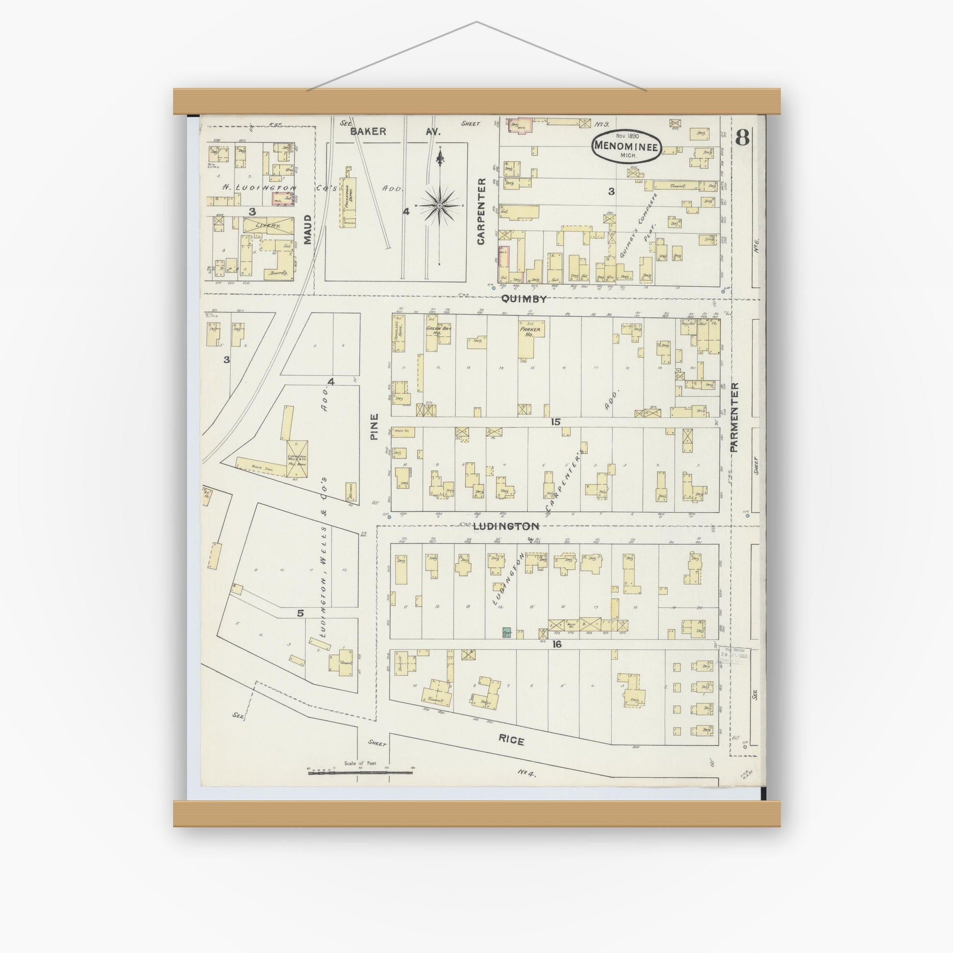 Old map wall art mockup — magnetic wood frame on white wall — Sanborn Fire Insurance Map from Menominee, Menominee County, Michigan (1890), Sheet #0008