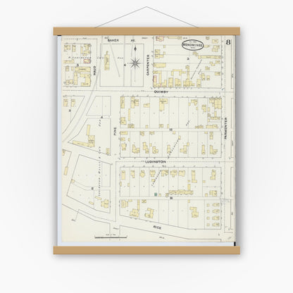 Old map wall art mockup — magnetic wood frame on white wall — Sanborn Fire Insurance Map from Menominee, Menominee County, Michigan (1890), Sheet #0008