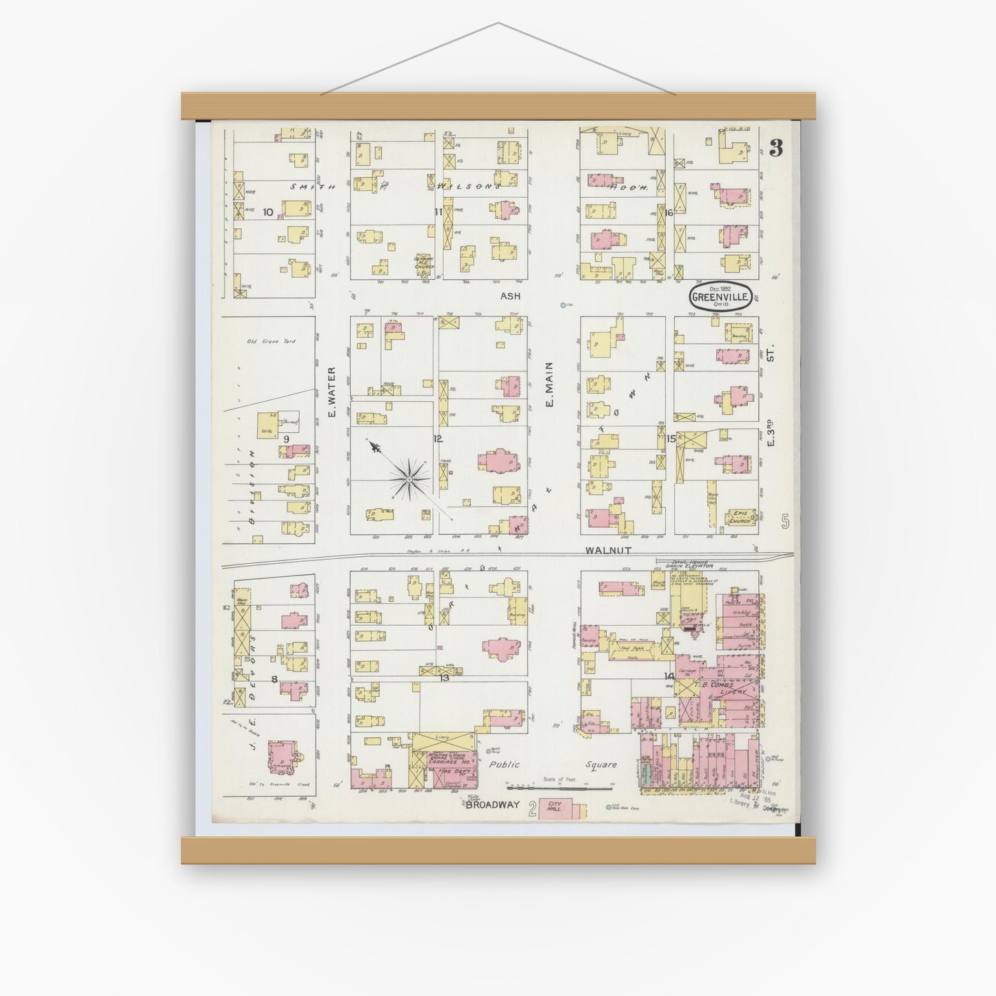 Old map wall art mockup — magnetic wood frame on white wall — Sanborn Fire Insurance Map from Greenville, Darke County, Ohio (1892), Sheet #0003