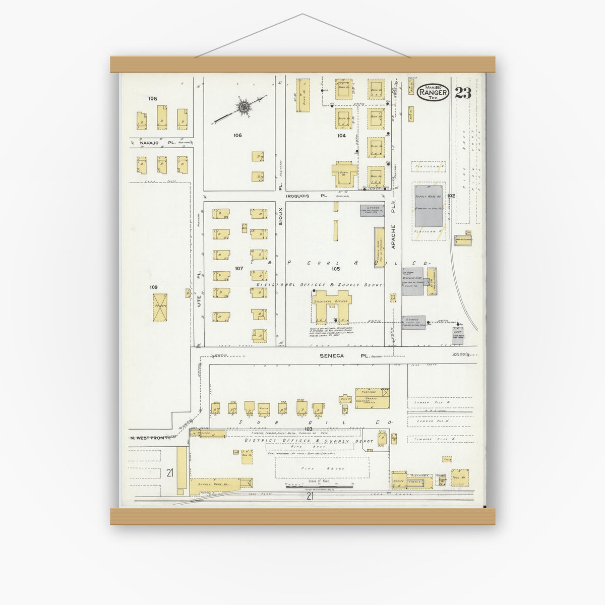 Old map wall art mockup — magnetic wood frame on white wall — Sanborn Fire Insurance Map from Ranger, Eastland County, Texas (1920), Sheet #0023