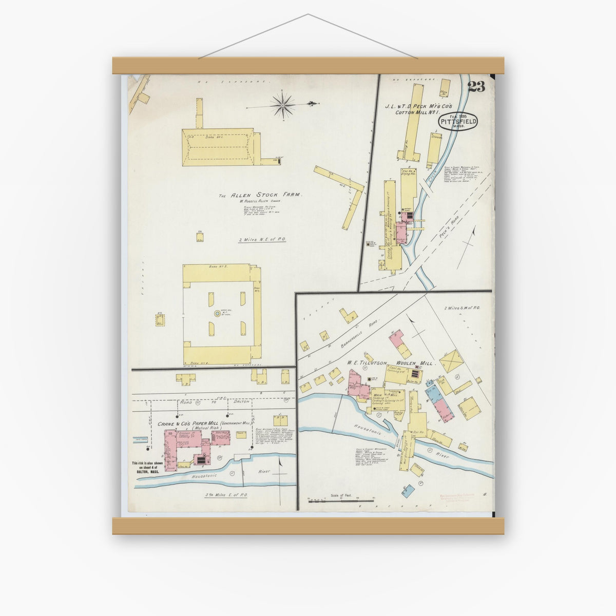 Old map wall art mockup — magnetic wood frame on white wall — Sanborn Fire Insurance Map from Pittsfield, Berkshire County, Massachusetts (1895), Sheet #0023