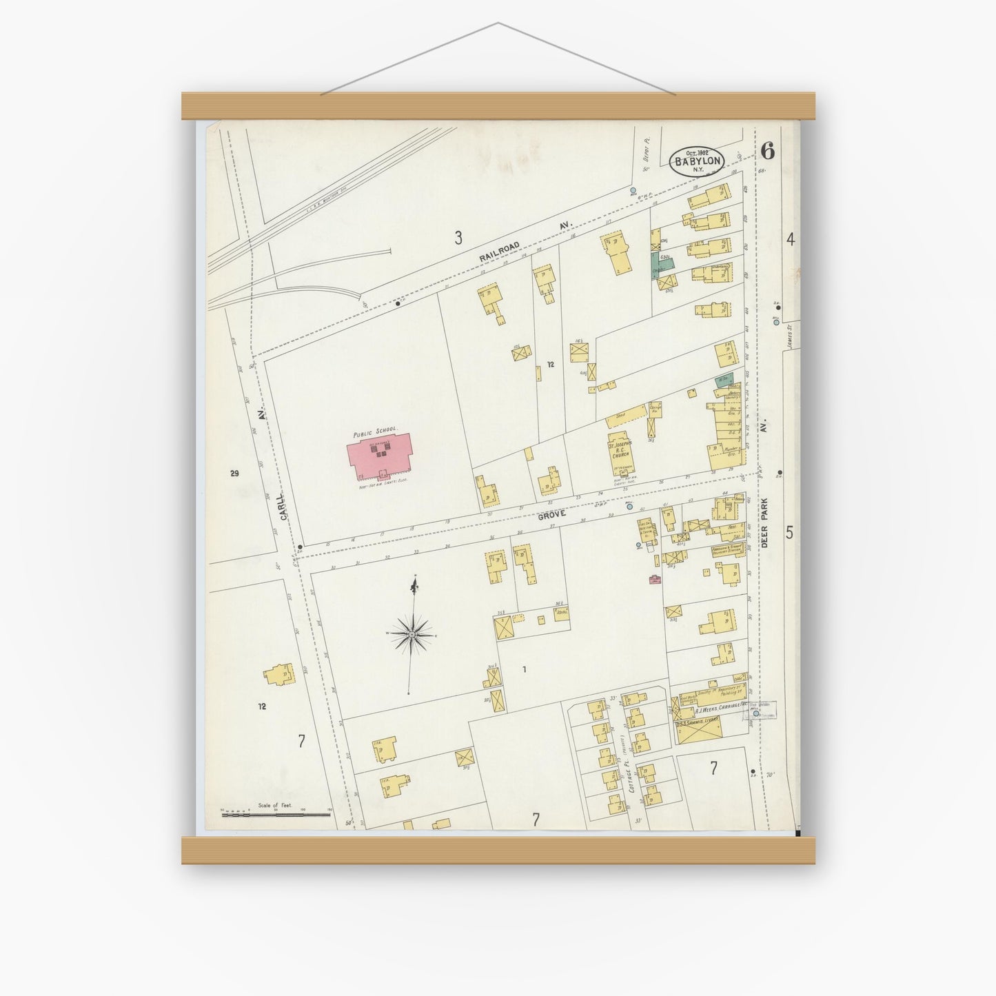 Old map wall art mockup — magnetic wood frame on white wall — Sanborn Fire Insurance Map from Babylon, Suffolk County, New York (1902), Sheet #0006